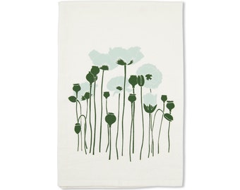 Organic Blue Poppy Tea Towel, Screen Printed Kitchen Towel