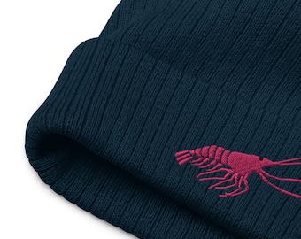 Pink Shrimp Recycled Beanie, Little Shrimp Hat, Crustacean Embroidery, Ribbed Beanie, Pink and Navy Hat, Cute Beanie Women, Embroidered Hat