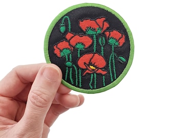 Red Poppies Patch, Embroidered Patches, Poppy Flower Embroidery, Iron On Patch, Embroidered Flowers, Poppy Illustration, Circle Patch