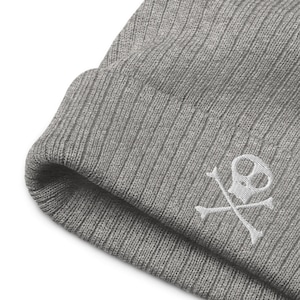 Skull + Bones Beanie, Embroidered Skull Art, Recycled Cuffed Beanie, Recycled Beanie, Grey Beanie, Spooky Cute Embroidery, Cute Beanie Women