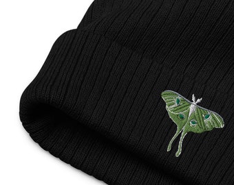 Luna Moth Recycled Beanie, Green Moth Hat, Moth Embroidery, Ribbed Beanie, Blue Beanie, Black Hat, Cute Beanie Women, Embroidered Beanie