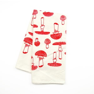 Red Mushroom Tea Towel, Organic Cotton Tea Towel, Fungi Tea Towel, Mushroom Kitchen Towel, Screen Printed Towel, Housewarming Gift