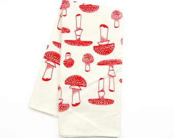 Red Mushroom Tea Towel, Organic Cotton Tea Towel, Fungi Tea Towel, Mushroom Kitchen Towel, Screen Printed Towel, Housewarming Gift