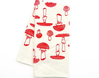 Red Mushroom Organic Cotton Tea Towel: Screen Printed Kitchen Decor