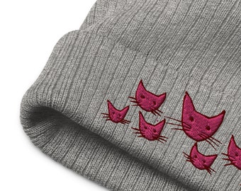 Embroidered Cat Beanie: Pink Kitties Recycled Cuffed Hat