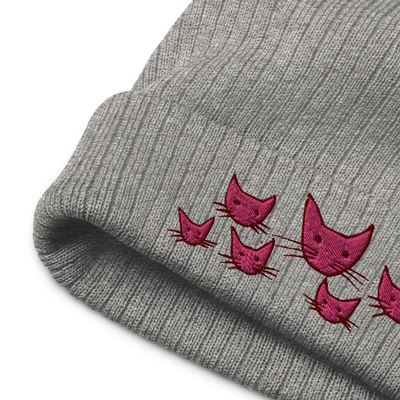 Embroidered Cat Beanie: Pink Kitties Recycled Cuffed Hat