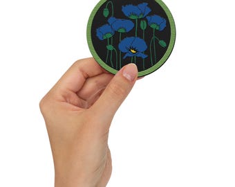 Blue Poppy Flower Embroidered Patch - Iron On Circle Applique