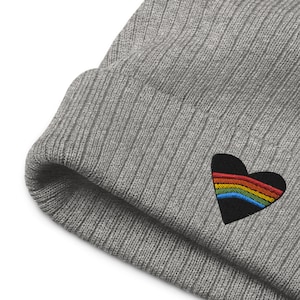 Rainbow Heart Beanie, Rainbow Love, Grey Beanie, Heart Embroidered Hat, Recycled Hat, Cuffed Beanie, Cute Beanie image 1