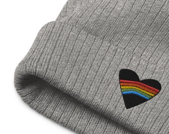 Rainbow Heart Beanie, Rainbow Love, Grey Beanie, Heart Embroidered Hat, Recycled Hat, Cuffed Beanie, Cute Beanie