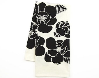 Black Magnolia Floral Tea Towel: Organic Cotton Kitchen Towel