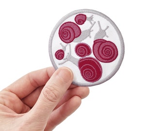 Pink Snail Embroidered Iron-On Patch, Garden Illustration