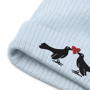 Grackle Love, Grackle Art, Love Bird Hat, Recycled Beanie, Blue Beanie, Love Birds Embroidery, Cute Beanie Women, Heart Embroidered Beanie