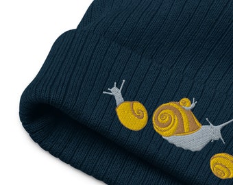 Yellow Snails Recycled Beanie, Light Blue Snail Hat, Snails Embroidery, Cuffed Beanie, Navy Beanie, Cute Beanie Women, Embroidered Beanie