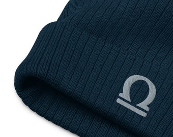 Geborduurde Libra Zodiac-beanie, gerecycled geribbeld breisel