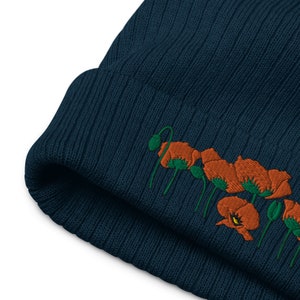Orange Poppies Recycled Beanie, Navy Beanie Hat, Floral Embroidery, California Poppy Beanie, Cute Women&#39;s Beanie, Embroidered Beanie
