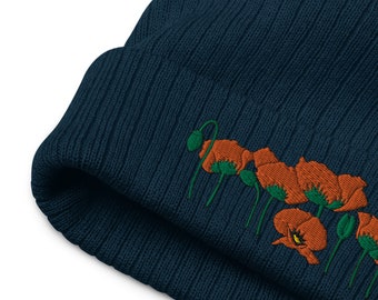 Orange Poppies Recycled Beanie, Navy Beanie Hat, Floral Embroidery, California Poppy Beanie, Cute Women&#39;s Beanie, Embroidered Beanie