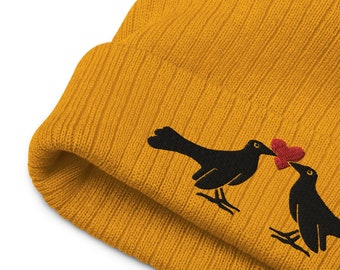 Embroidered Grackle Love Bird Beanie, Recycled Yellow Knit Hat
