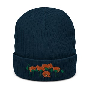 Orange Poppies Recycled Beanie, Navy Beanie Hat, Floral Embroidery, California Poppy Beanie, Cute Women's Beanie, Embroidered Beanie image 2