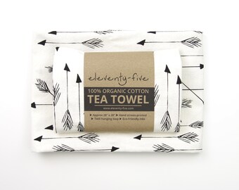 Arrows Organic Cotton Tea Towel: Black Ink Screen Print
