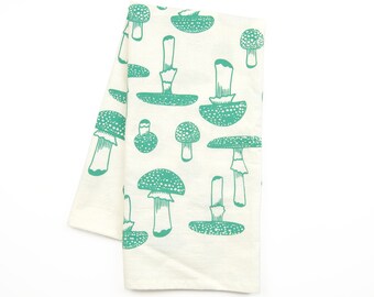 Teal Mushroom Organic Cotton Tea Towel: Screen Printed Kitchen Decor