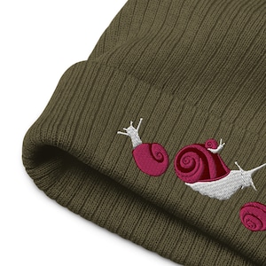 Embroidered Snail Beanie: Recycled Ribbed Knit Hat
