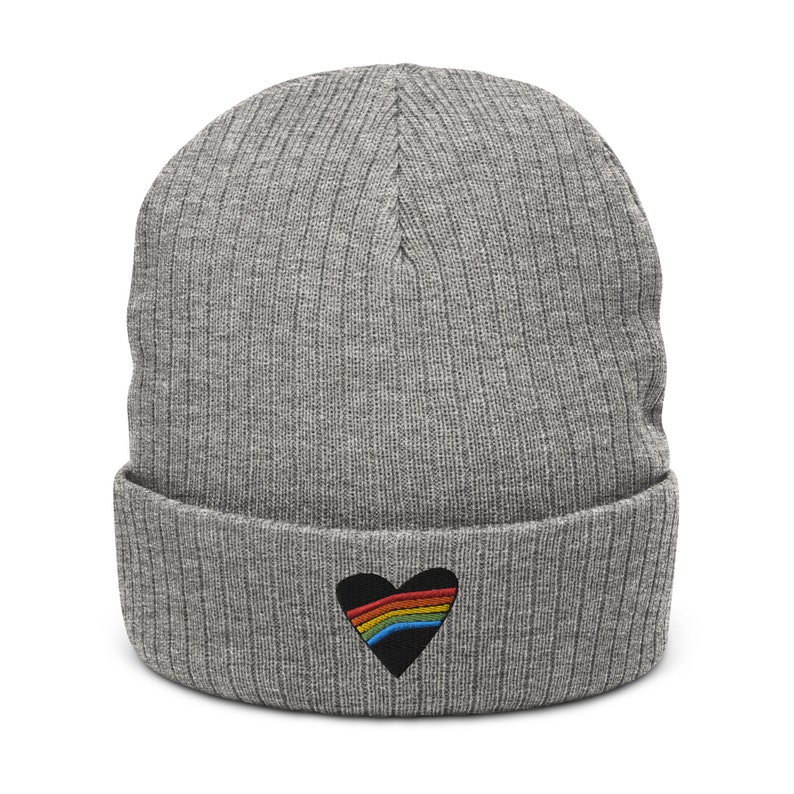 Rainbow Heart Beanie, Rainbow Love, Grey Beanie, Heart Embroidered Hat, Recycled Hat, Cuffed Beanie, Cute Beanie image 2