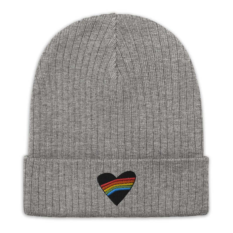 Rainbow Heart Beanie, Rainbow Love, Grey Beanie, Heart Embroidered Hat, Recycled Hat, Cuffed Beanie, Cute Beanie image 3