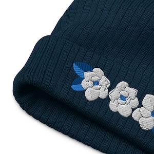 Magnolia Blooms Beanie, Ribbed Knit Beanie, Floral Embroidery, Magnolia Art, Recycled Cuffed Beanie, Navy Blue Hat, Cute Beanie, Winter Hat