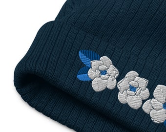 Magnolia Blooms Embroidered Beanie: Recycled Navy Knit Winter Hat