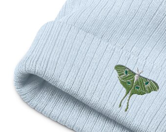 Luna Moth Recycled Beanie, Green Moth Hat, Moth Embroidery, Ribbed Beanie, Light Blue Beanie Hat, Cute Beanie Women, Embroidered Beanie