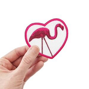 Pink Flamingo Patch, Embroidered Patch, Heart Patch, Flamingo Embroidery, Iron On Patch, Embroidered Bird, Plastic Flamingo Illustration