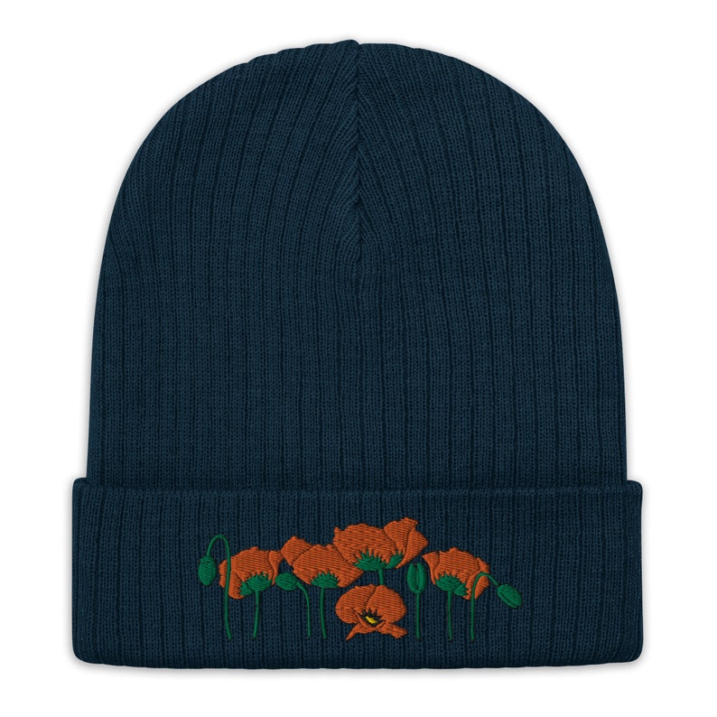 Orange Poppies Recycled Beanie, Navy Beanie Hat, Floral Embroidery, California Poppy Beanie, Cute Women's Beanie, Embroidered Beanie image 3