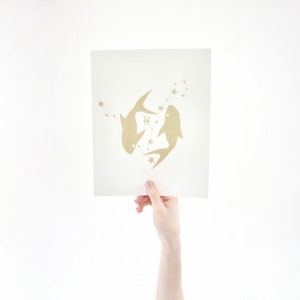 Pisces Horoscope Gift Constellation 8 x 10 Silk Screen Print - Hand Printed in Shimmery Gold - Unframed