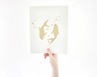 Pisces Horoscope Gift Constellation 8 x 10 Silk Screen Print - Hand Printed in Shimmery Gold - Unframed