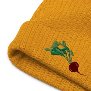 Radish Hat, Ribbed Knit Beanie, Radish Embroidery, Radish Art, Recycled Cuffed Beanie, Green Hat, Yellow Hat, Cute Beanie, Womens Winter Hat
