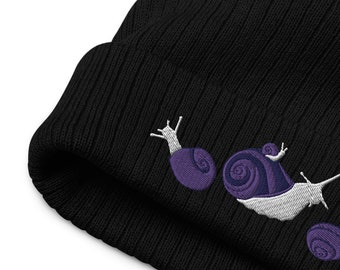 Snail Recycled Beanie, Purple Snails Embroidery, Ribbed Beanie, Black Beanie, Black Hat, Cute Beanie Women, Embroidered Beanie