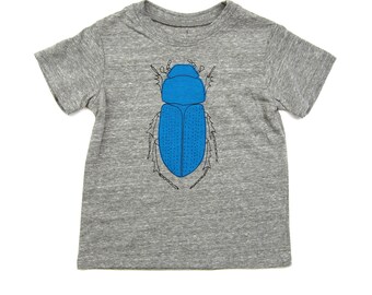 Camiseta infantil con estampado de escarabajo pelotero: camiseta con estampado de bicho azul, gris jaspeado