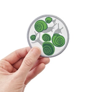 Green Snail Patch, Embroidered Patches, Snail Embroidery, Iron On Patch, Garden Snails, Embroidered Snails, Snail Illustration, Circle Patch