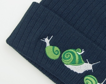 Snail Recycled Beanie, Green Snail Hat, Snails Embroidery, Ribbed Beanie, Navy Blue Beanie, Green Hat, Cute Beanie Women, Embroidered Beanie