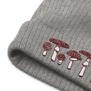 May include: Gray knit beanie with a row of embroidered red and white mushrooms.