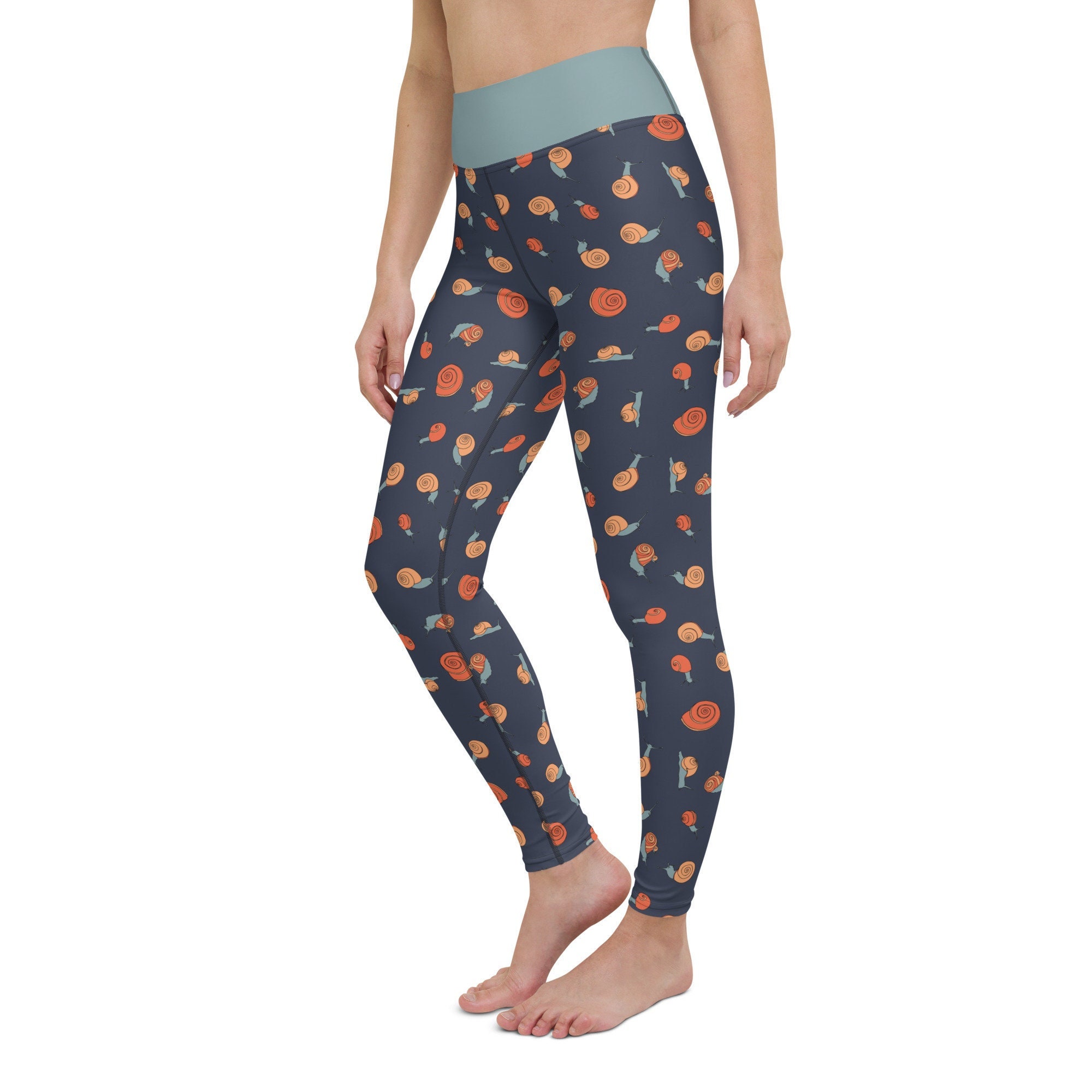 Peach Snails Yoga Leggings, Snail Leggings, Workout Leggings, Peach and Blue Yoga Pants, Printed Leggings, Cute Leggings for Gym