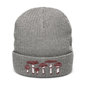 May include: Gray knitted beanie with a red and white mushroom design. The mushrooms are arranged in a row across the bottom of the beanie.