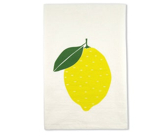 Organic Cotton Lemon Tea Towel, Screen Printed Citrus Kitchen Decor