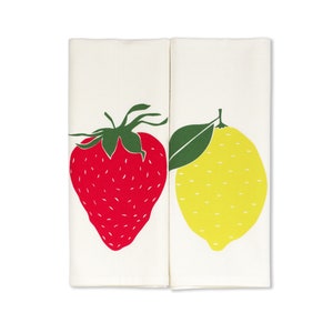 Organic Tea Towels, Fruit Kitchen Decor, Kitchen Towel Gift Set, Strawberry Tea Towel, Lemon Tea Towel, Screen Printed Dish Towels