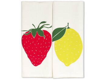 Organic Tea Towels, Fruit Kitchen Decor, Kitchen Towel Gift Set, Strawberry Tea Towel, Lemon Tea Towel, Screen Printed Dish Towels