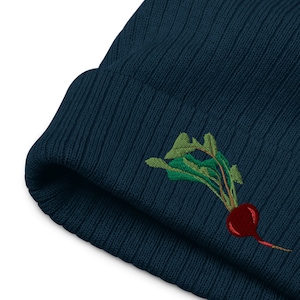 Radish Hat, Ribbed Knit Beanie, Radish Embroidery, Radish Art, Recycled Cuffed Beanie, Navy Blue Hat, Cute Beanie, Womens Winter Hat