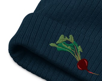 Radish Hat, Ribbed Knit Beanie, Radish Embroidery, Radish Art, Recycled Cuffed Beanie, Navy Blue Hat, Cute Beanie, Womens Winter Hat