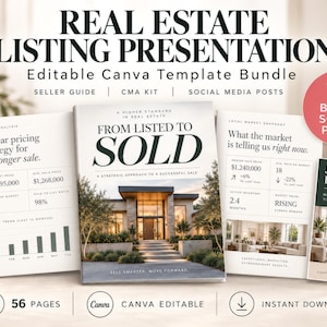 May include: A real estate listing presentation template bundle featuring a 56-page Canva editable guide. The cover displays the text From Listed to Sold, a house image, and sections for market analysis, local market snapshots, and social media posts.