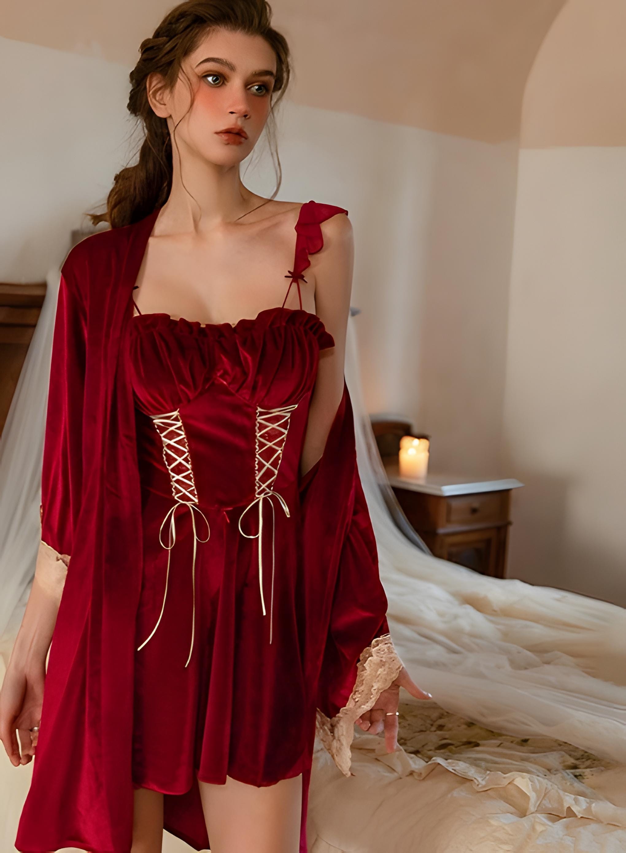 Romantic Sleepwear | Velvet Corset Lingerie Nightdress Set with Lace Trim Robe