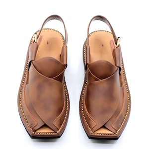 May include: A pair of brown leather sandals with a strap across the top and a pointed toe. The sandals have a gold stitching detail around the edges.